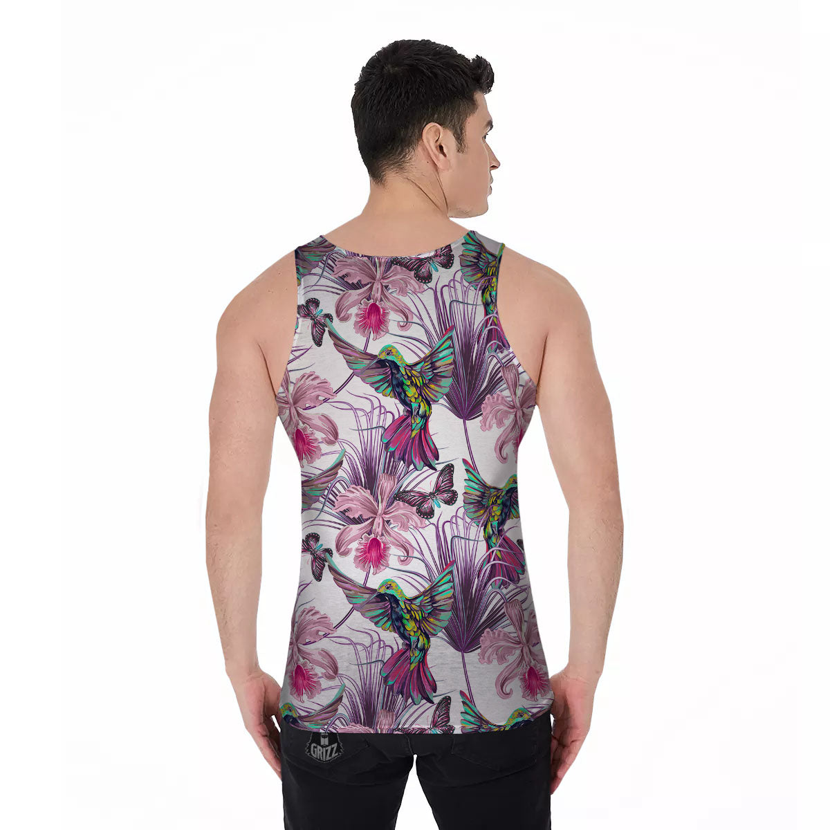 Hummingbird And Pink Flowers Print Men's Tank Top-grizzshop