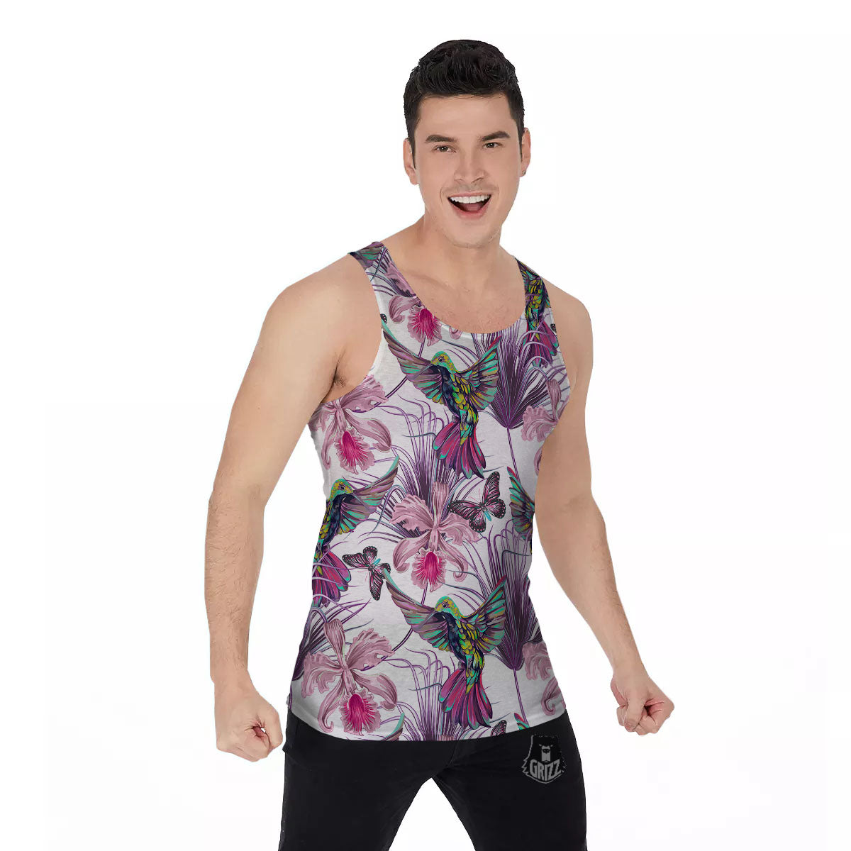 Hummingbird And Pink Flowers Print Men's Tank Top-grizzshop