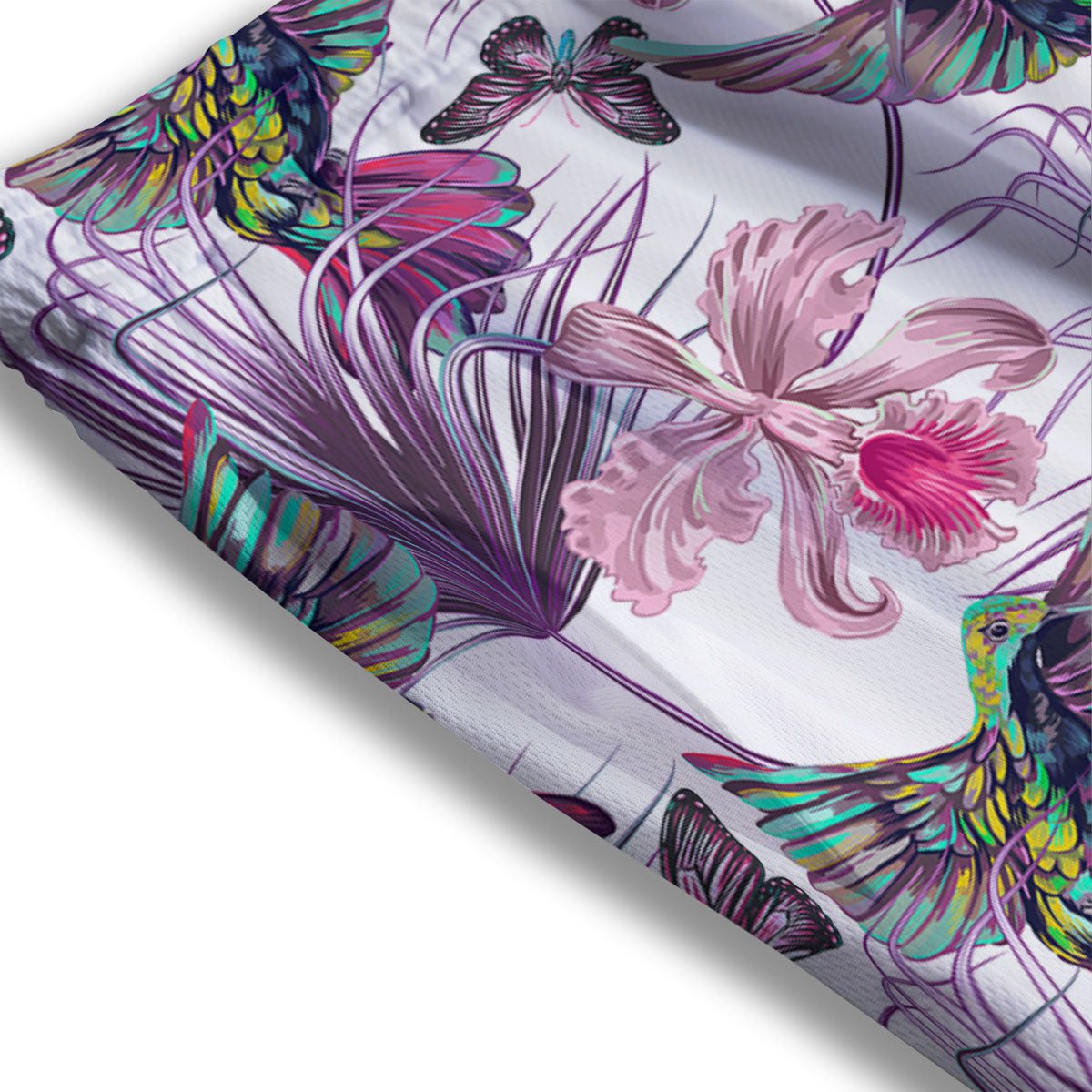 Hummingbird And Pink Flowers Print Mesh Shorts