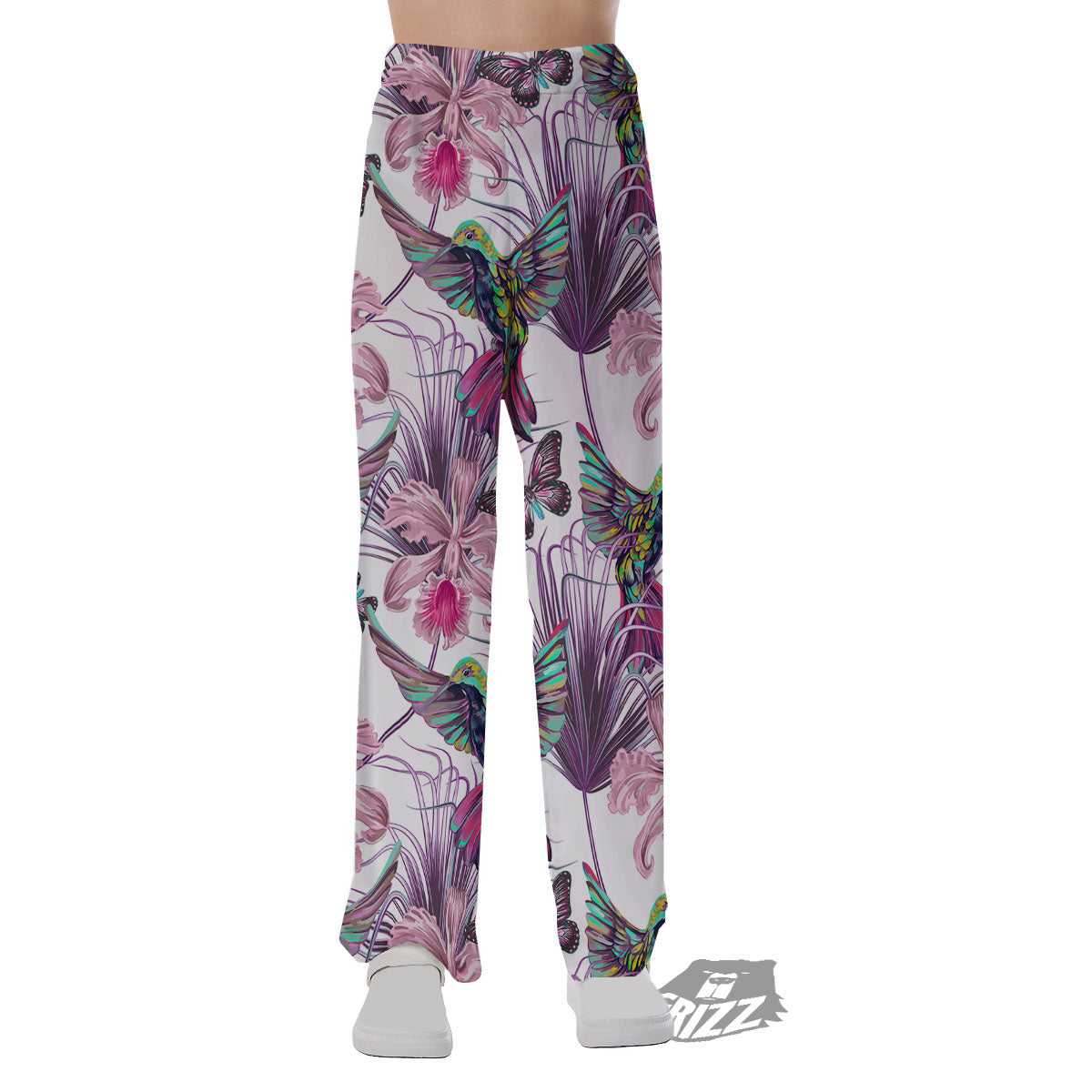 Hummingbird And Pink Flowers Print Pajama Pants-grizzshop
