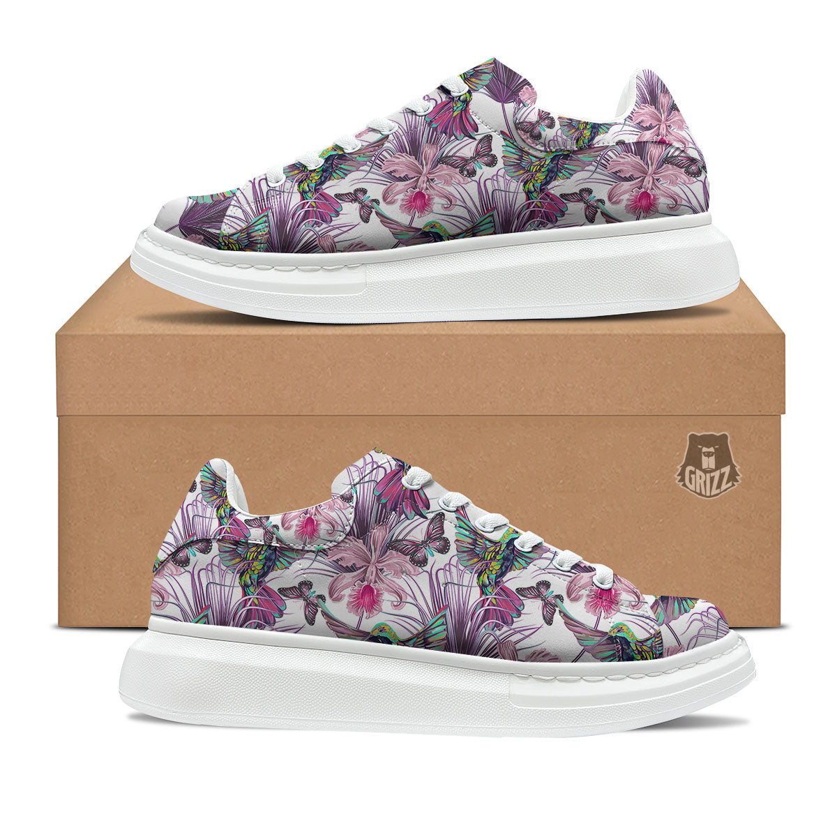 Hummingbird And Pink Flowers Print Platform Shoes-grizzshop