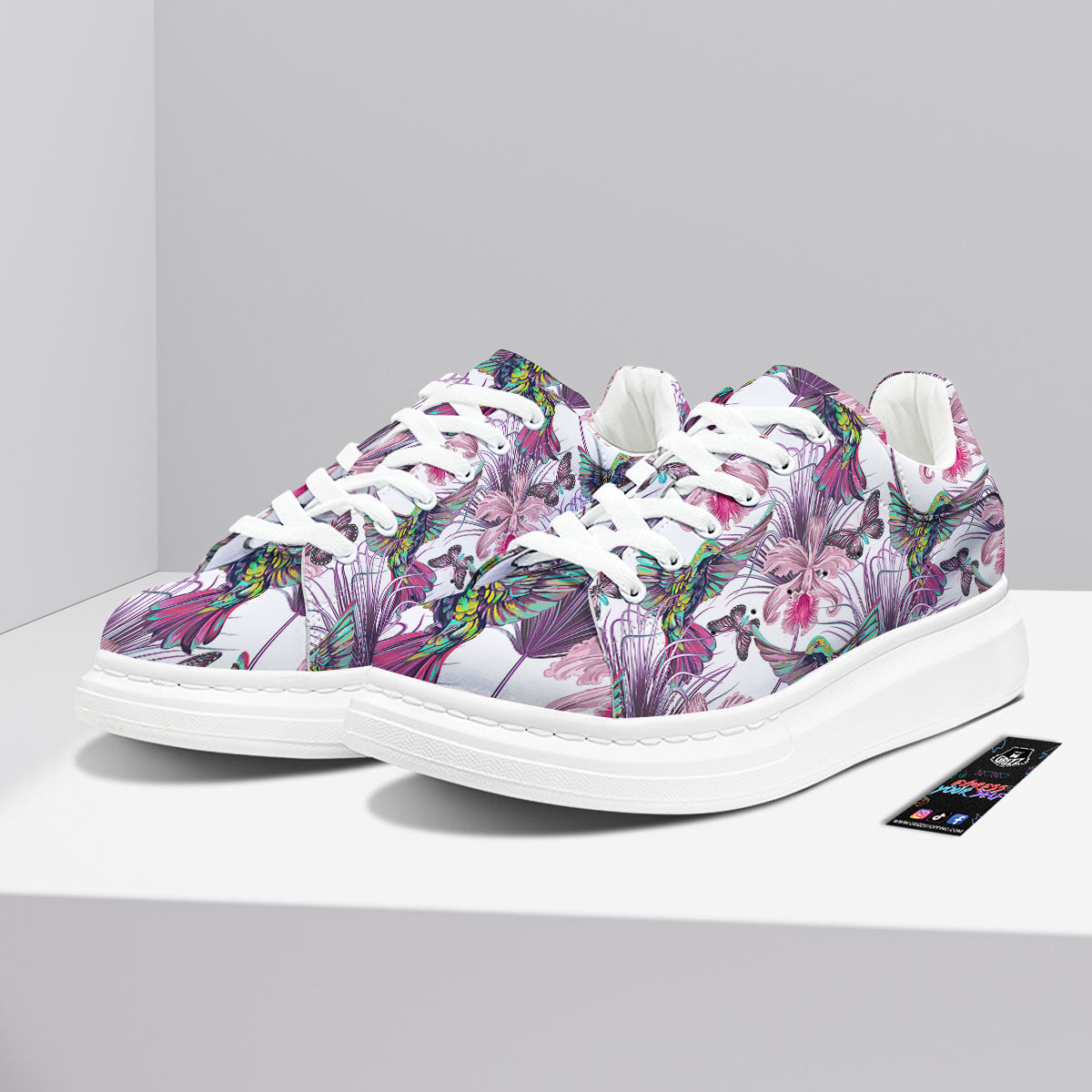 Hummingbird And Pink Flowers Print Platform Shoes-grizzshop