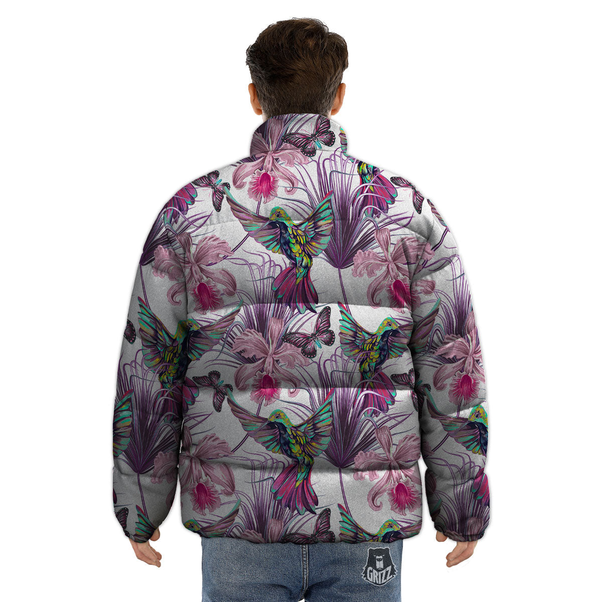 Hummingbird And Pink Flowers Print Puffer Jacket-grizzshop