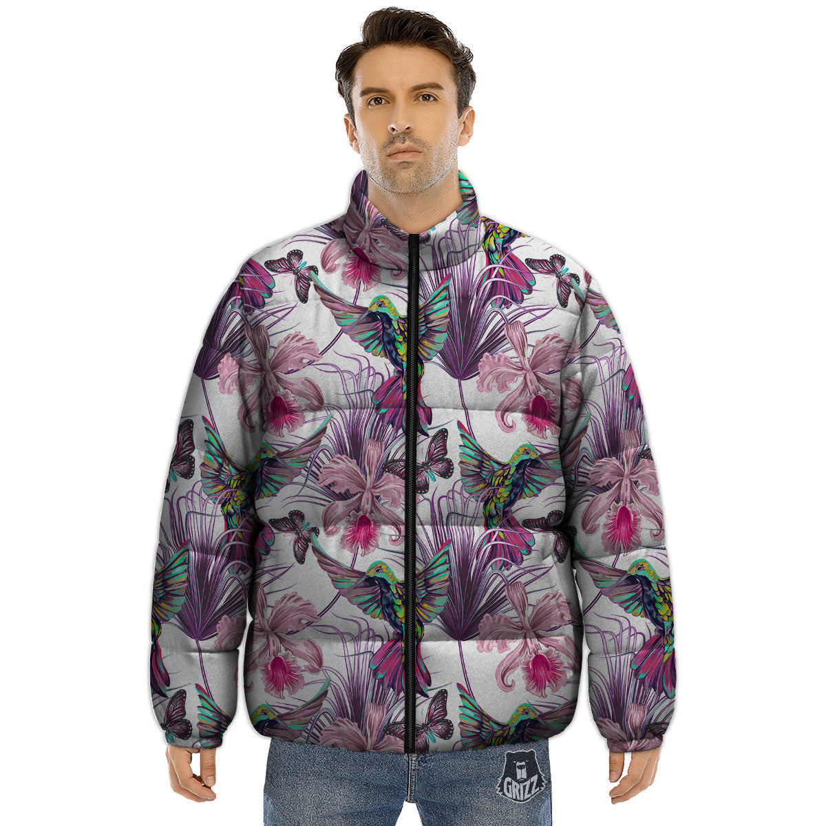 Hummingbird And Pink Flowers Print Puffer Jacket-grizzshop