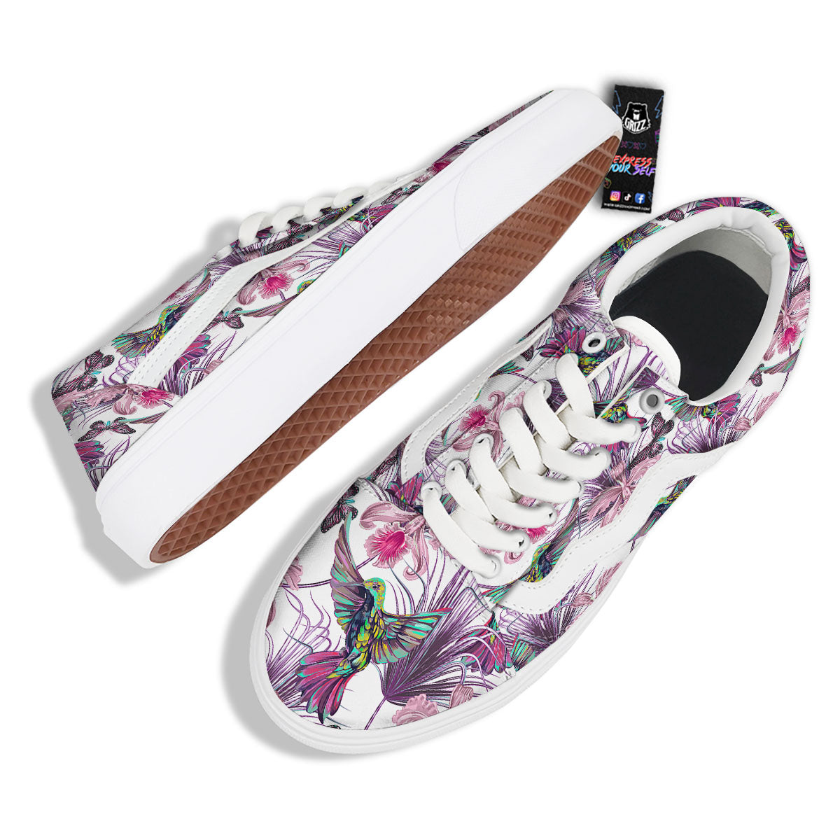 Hummingbird And Pink Flowers Print Skate Shoes-grizzshop