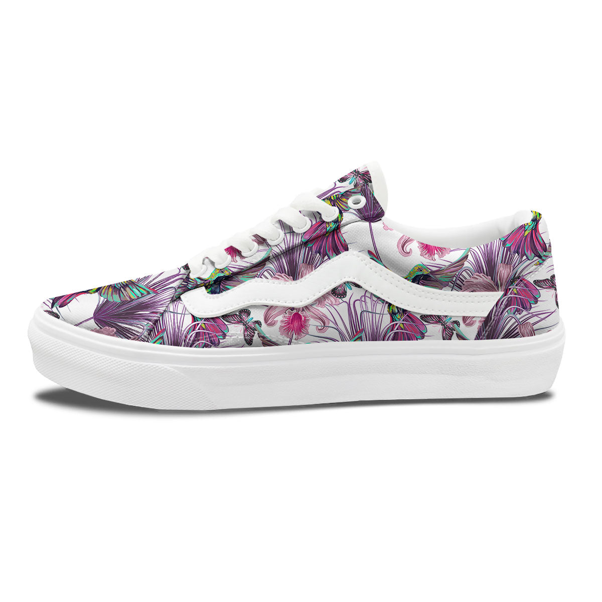 Hummingbird And Pink Flowers Print Skate Shoes-grizzshop