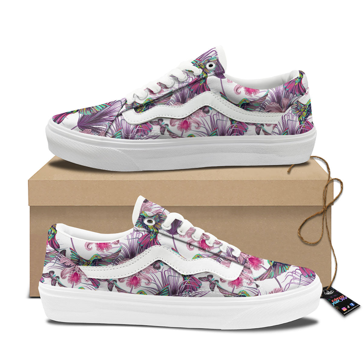 Hummingbird And Pink Flowers Print Skate Shoes-grizzshop