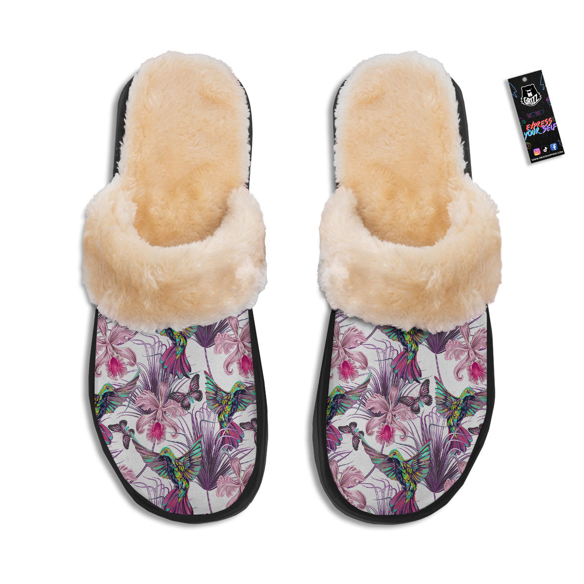 Hummingbird And Pink Flowers Print Slippers-grizzshop
