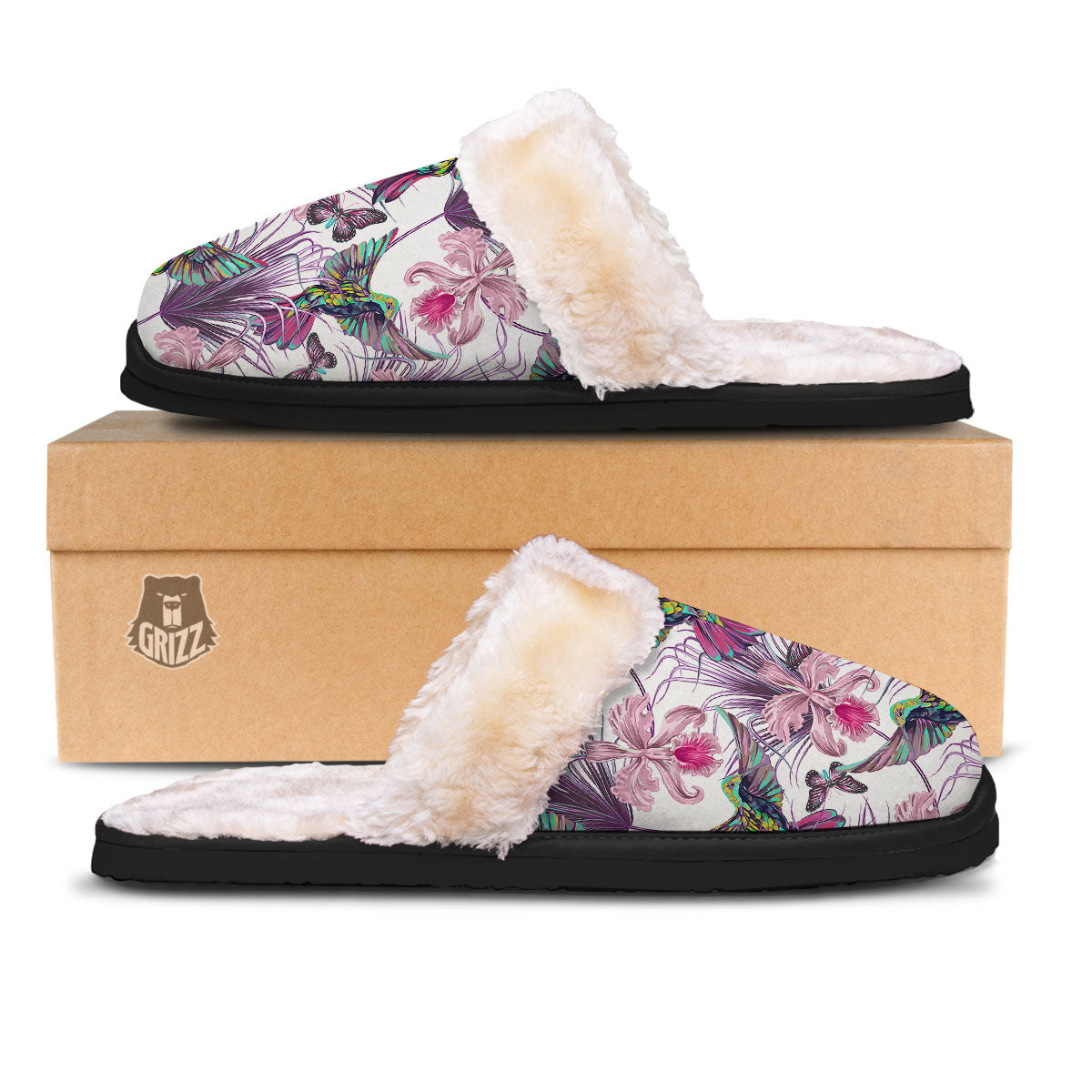 Hummingbird And Pink Flowers Print Slippers-grizzshop