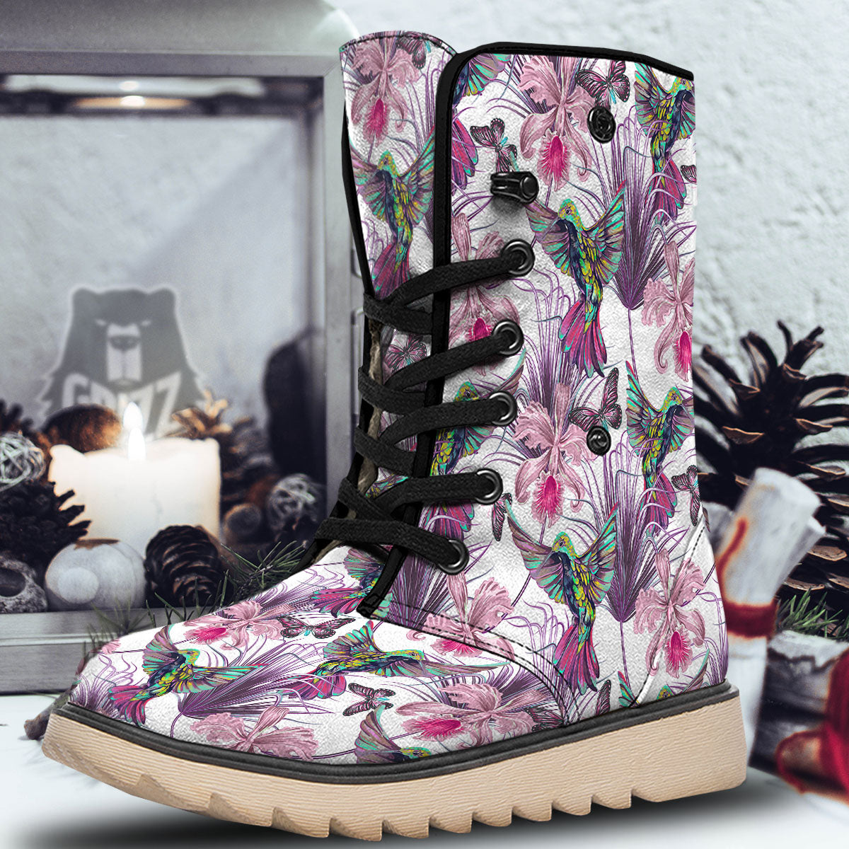 Hummingbird And Pink Flowers Print Snow Boots-grizzshop