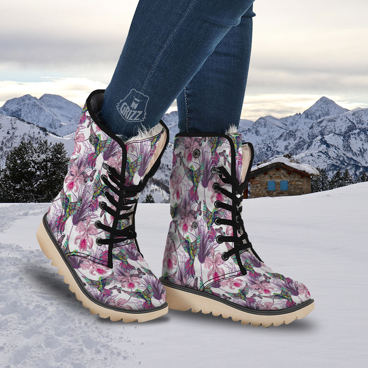 Hummingbird And Pink Flowers Print Snow Boots-grizzshop