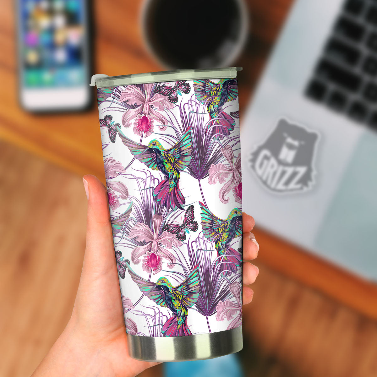 Hummingbird And Pink Flowers Print Tumbler-grizzshop