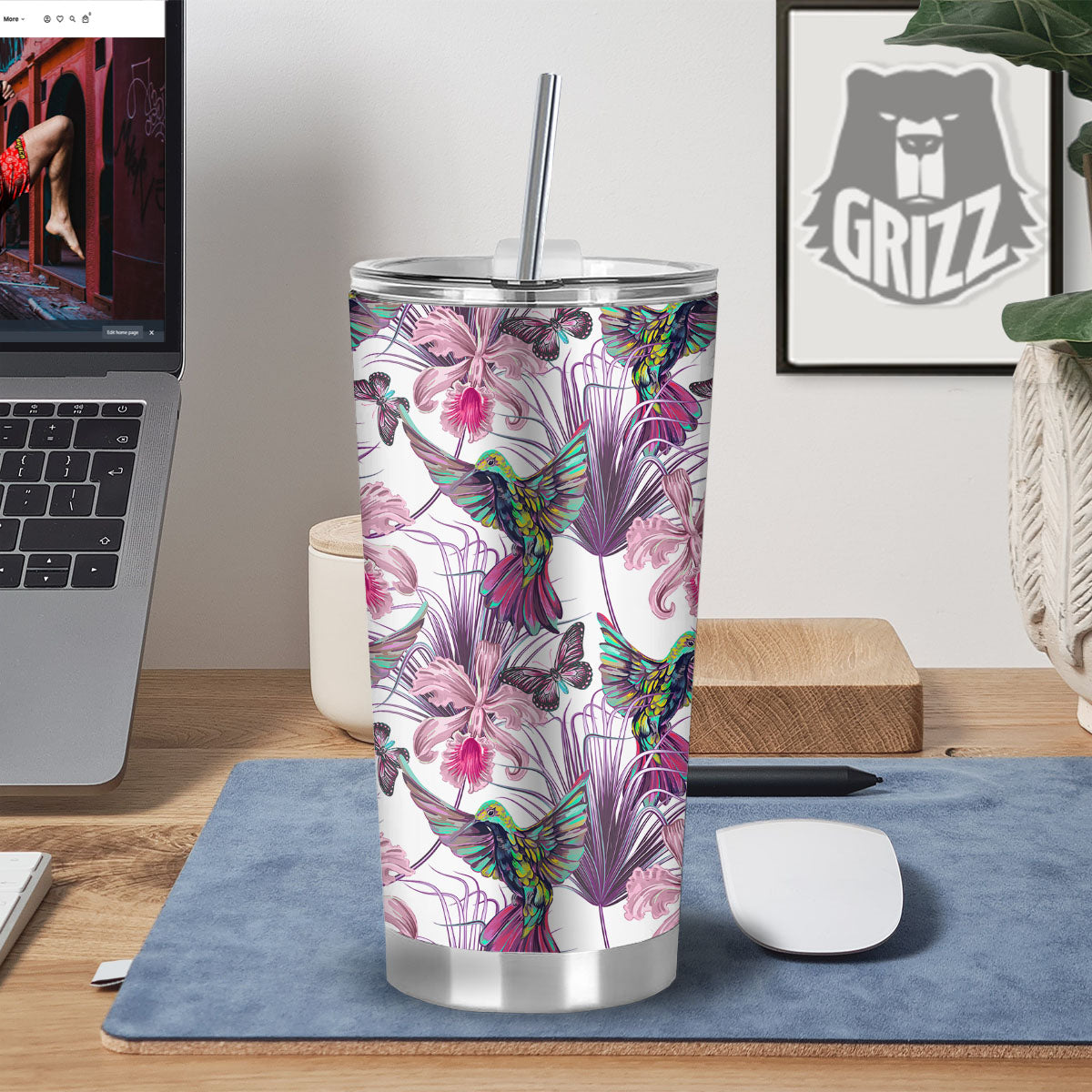 Hummingbird And Pink Flowers Print Tumbler-grizzshop