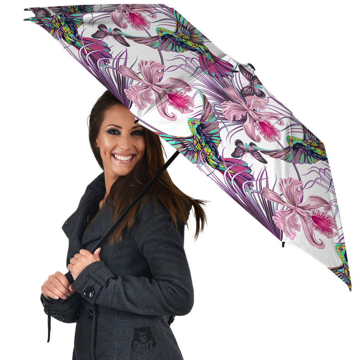 Hummingbird And Pink Flowers Print Umbrella-grizzshop