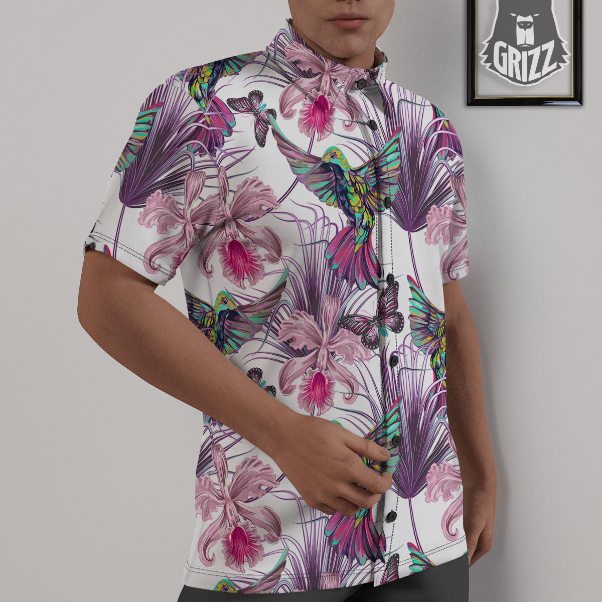 Hummingbird And Pink Flowers Print Untucked Shirts-grizzshop