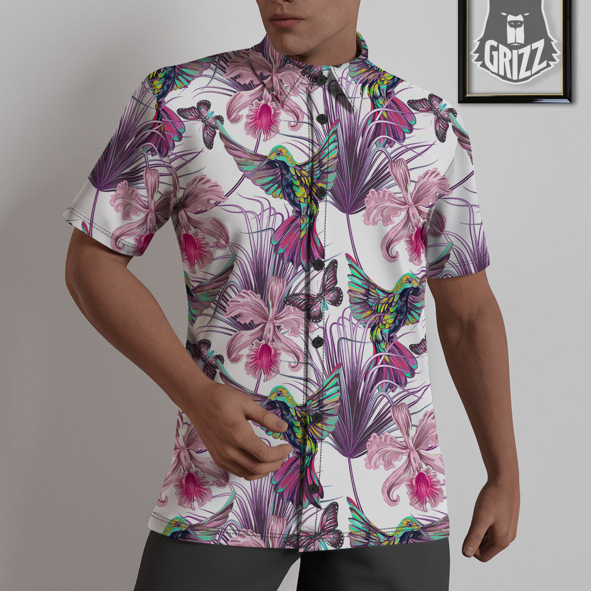 Hummingbird And Pink Flowers Print Untucked Shirts-grizzshop