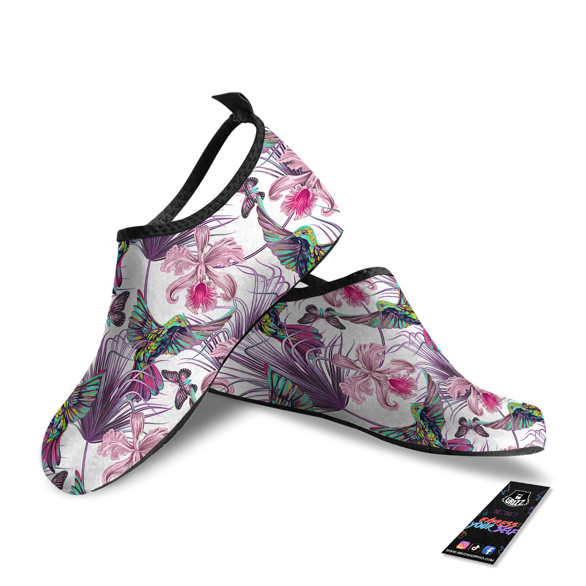 Hummingbird And Pink Flowers Print Water Shoes-grizzshop