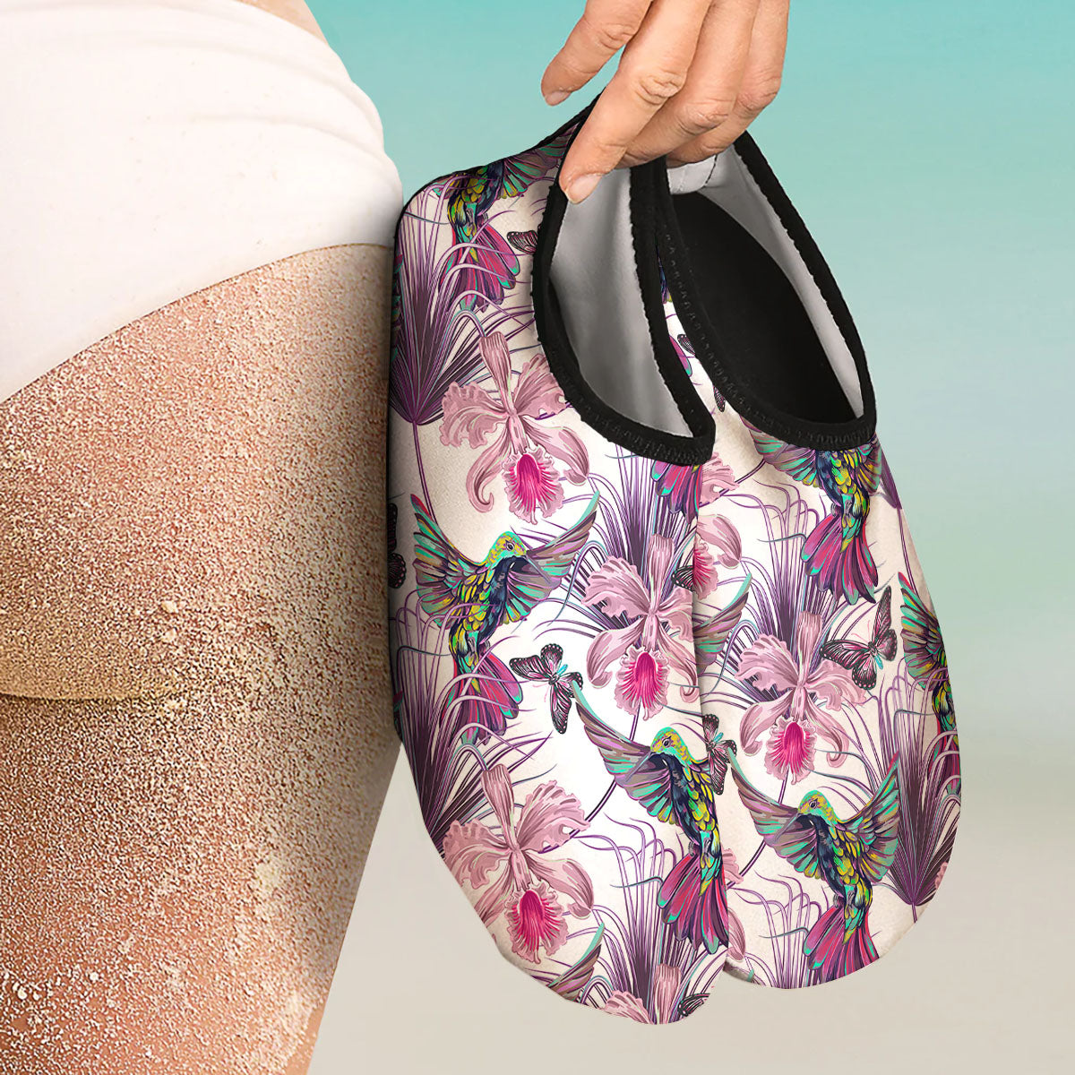 Hummingbird And Pink Flowers Print Water Shoes-grizzshop