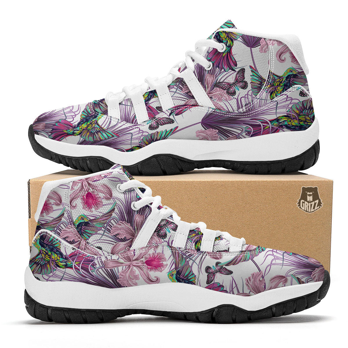 Hummingbird And Pink Flowers Print White Bball Shoes-grizzshop
