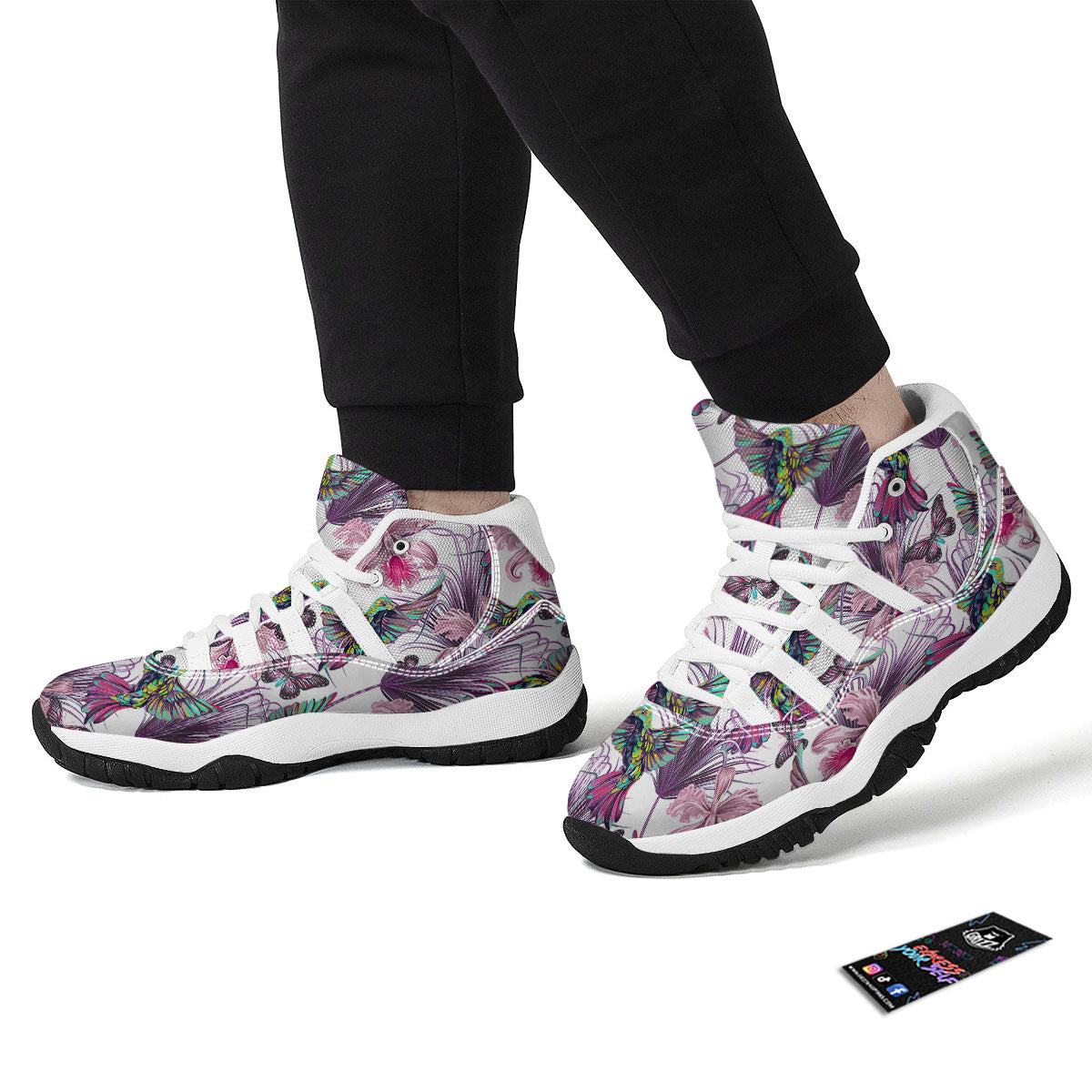 Hummingbird And Pink Flowers Print White Bball Shoes-grizzshop