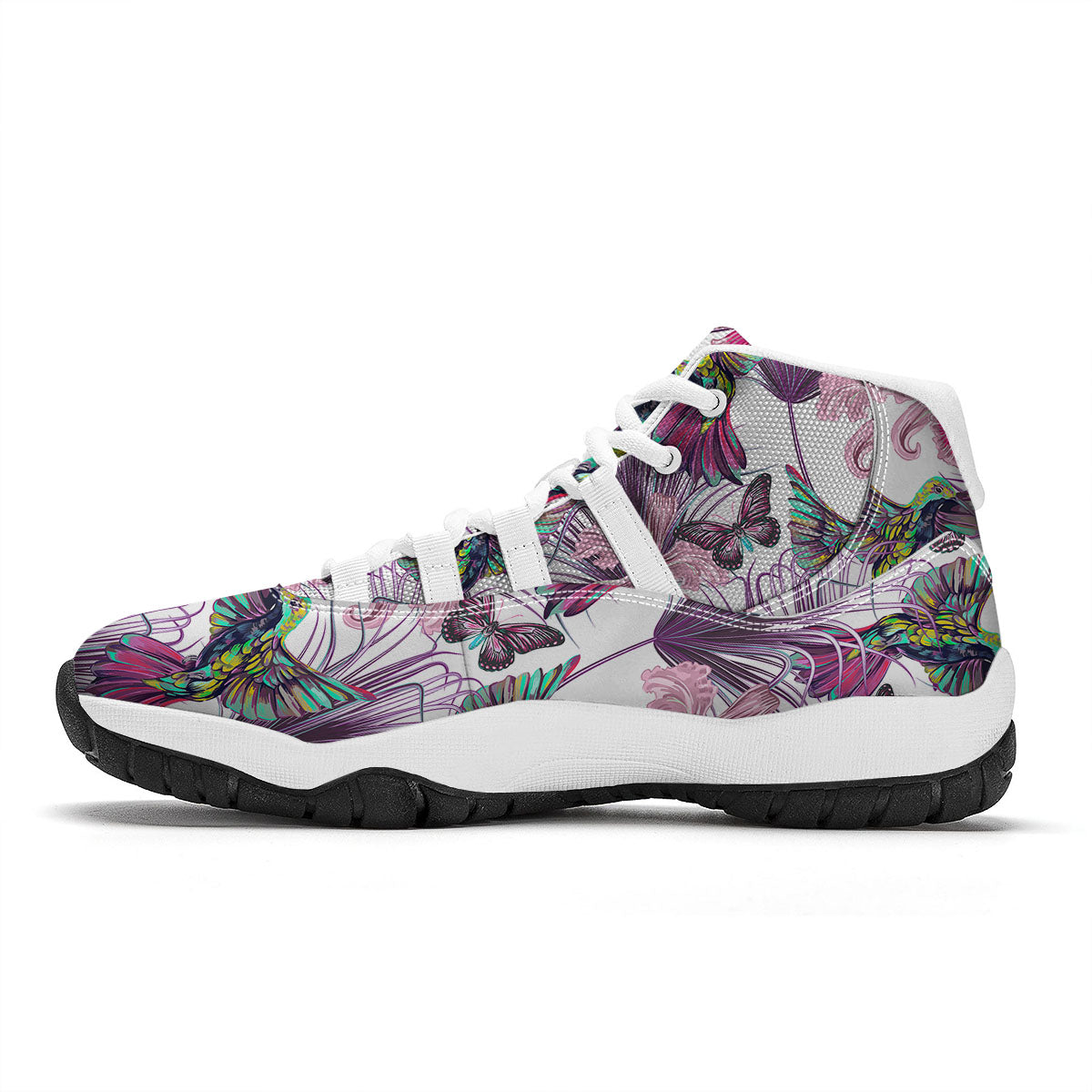 Hummingbird And Pink Flowers Print White Bball Shoes-grizzshop