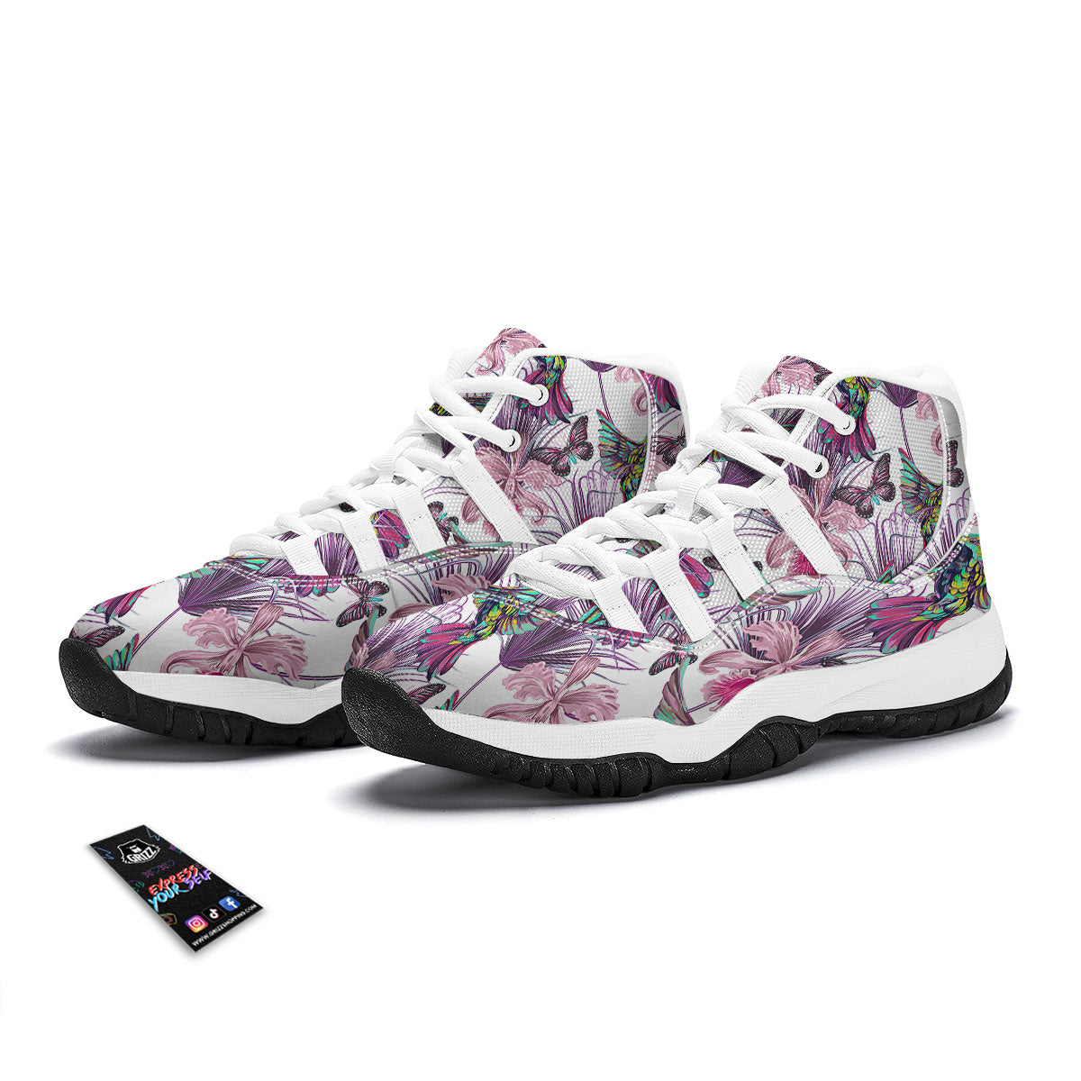 Hummingbird And Pink Flowers Print White Bball Shoes-grizzshop