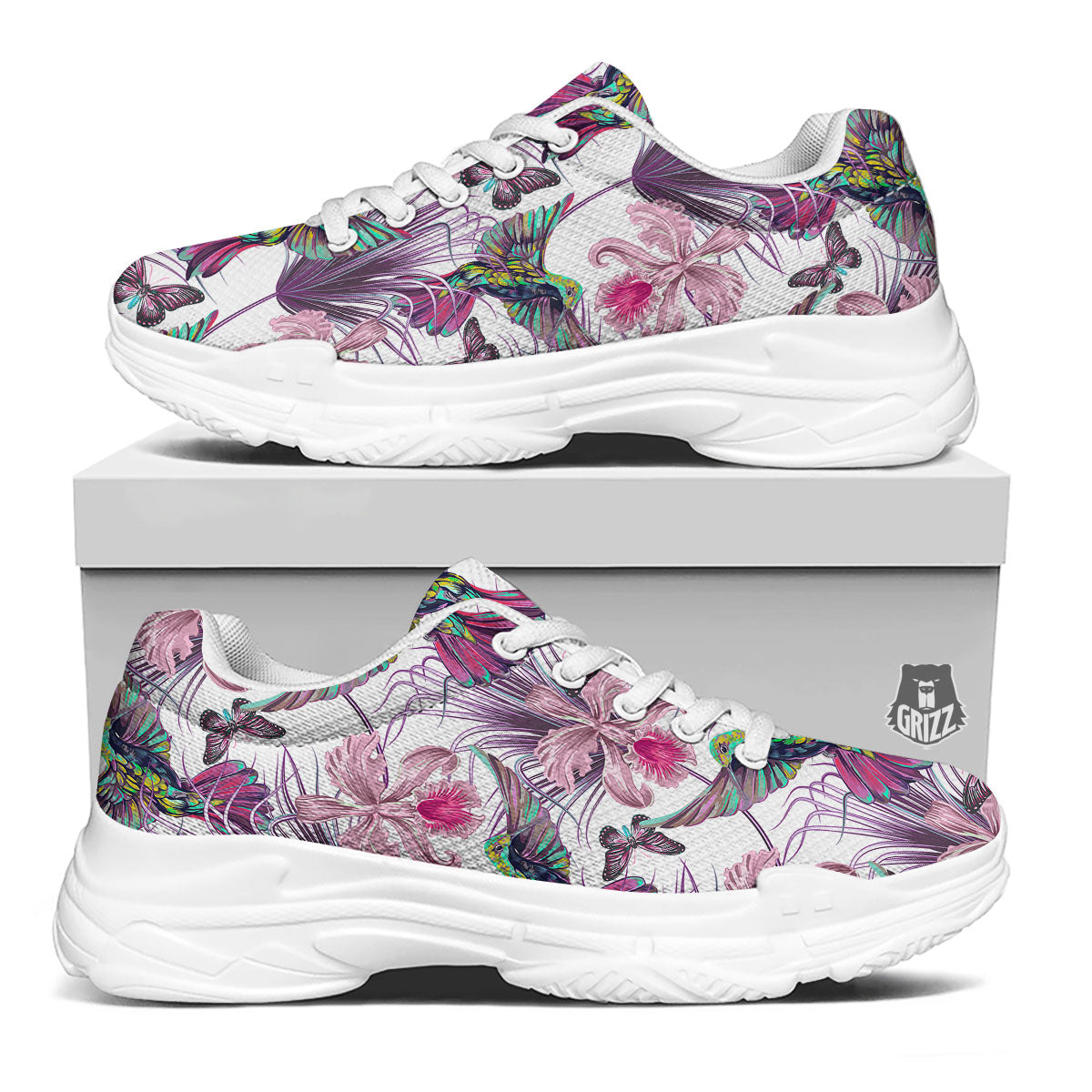 Hummingbird And Pink Flowers Print White Chunky Shoes-grizzshop