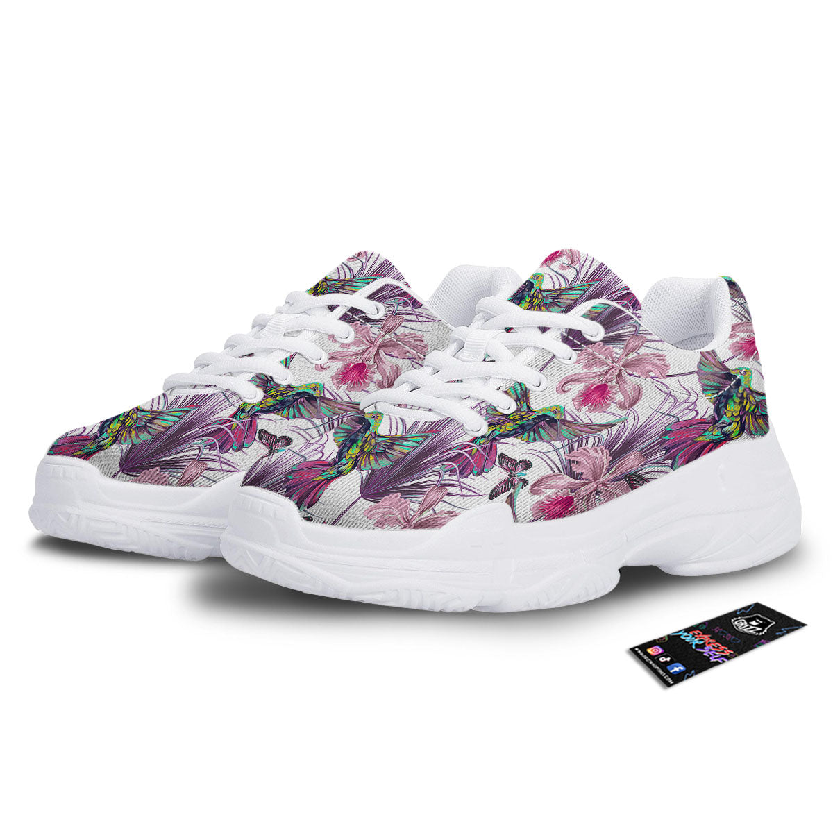 Hummingbird And Pink Flowers Print White Chunky Shoes-grizzshop