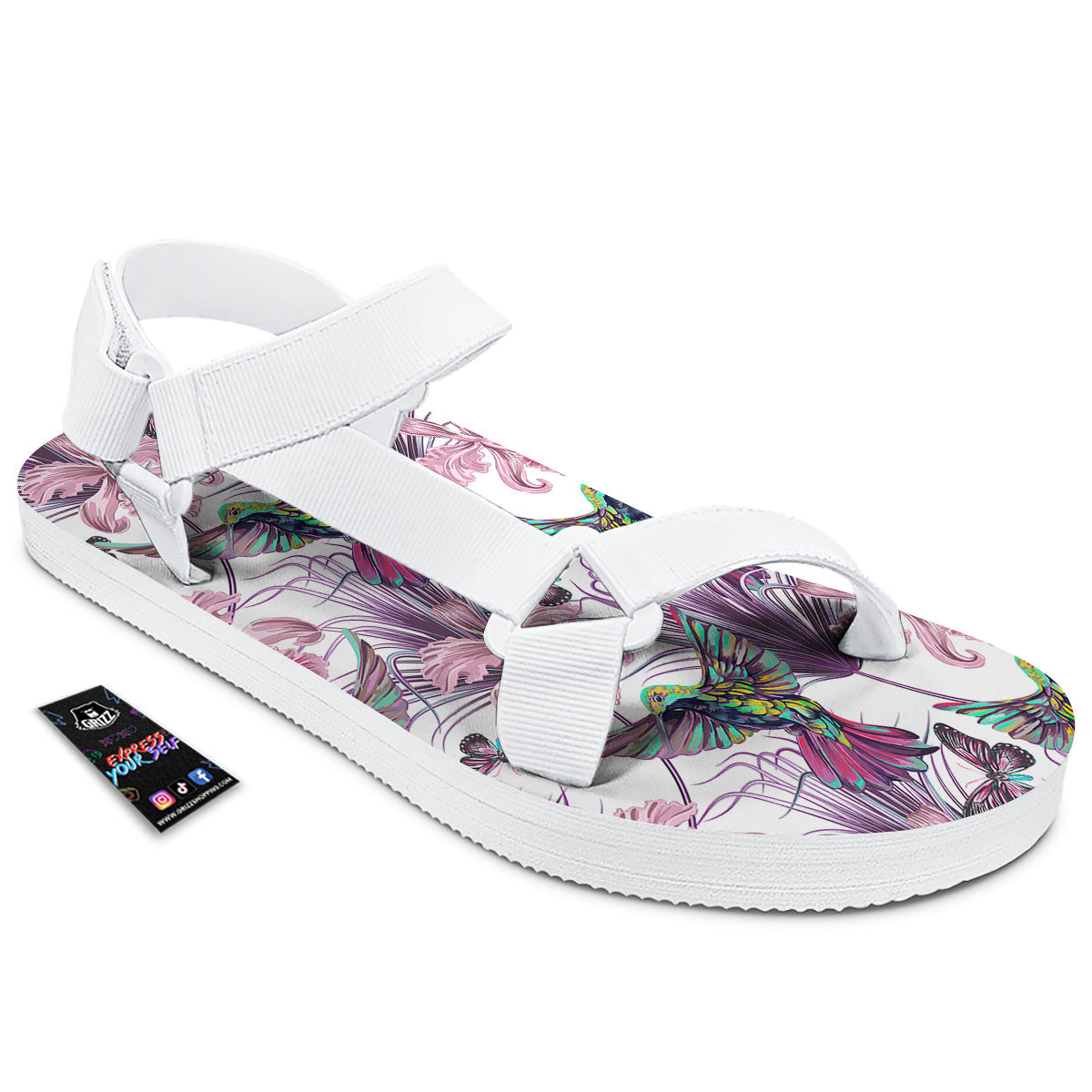 Hummingbird And Pink Flowers Print White Open Toe Sandals-grizzshop