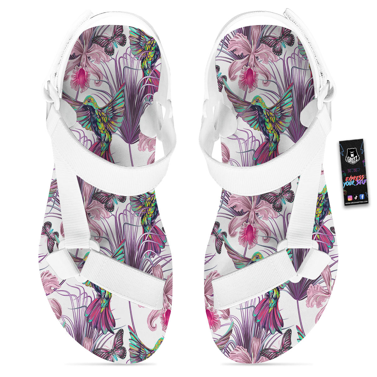 Hummingbird And Pink Flowers Print White Open Toe Sandals-grizzshop