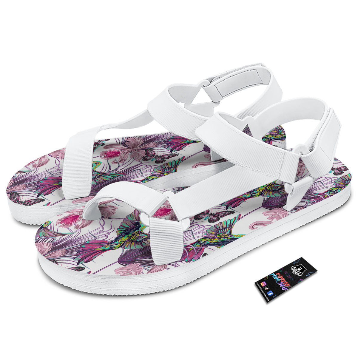 Hummingbird And Pink Flowers Print White Open Toe Sandals-grizzshop