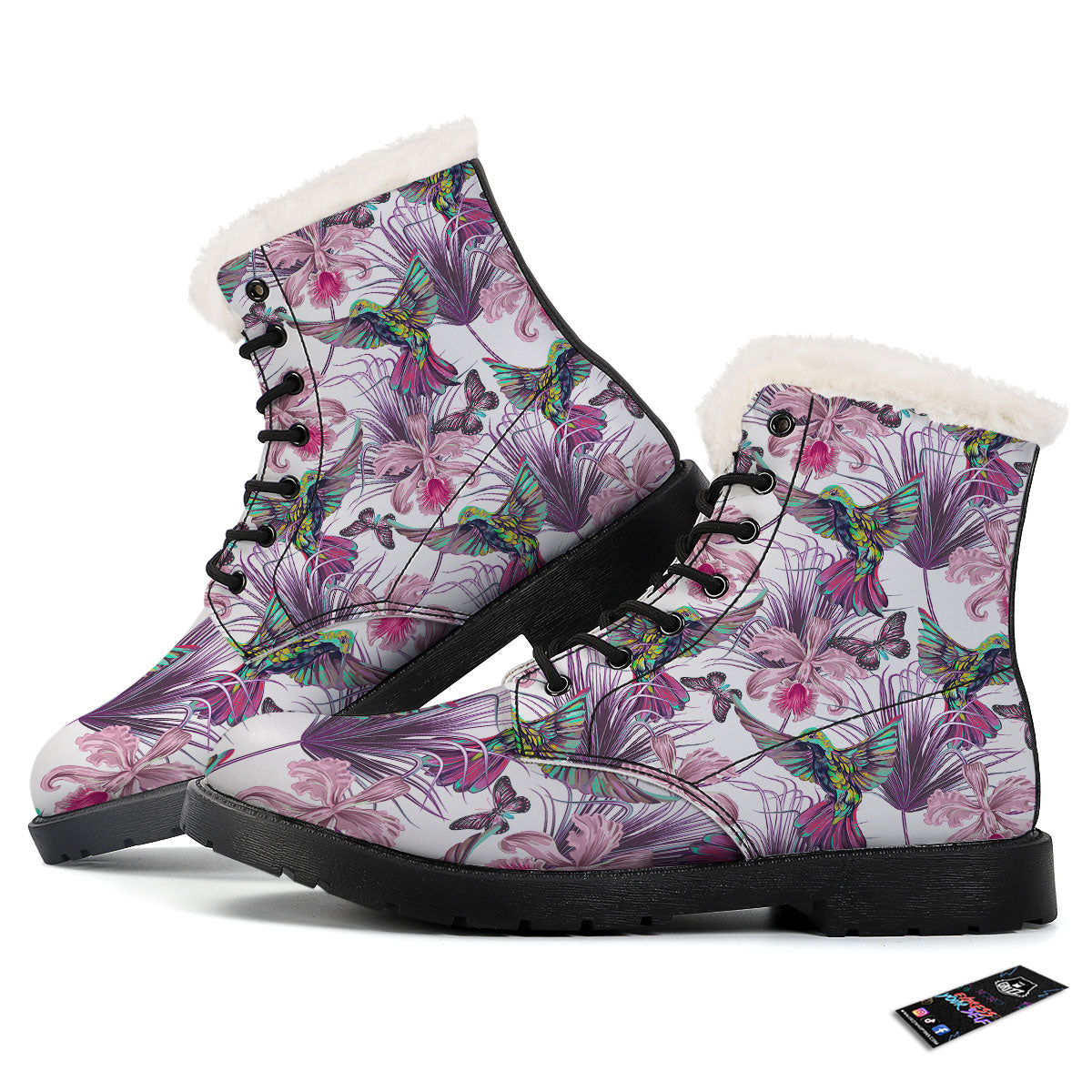 Hummingbird And Pink Flowers Print Winter Boots-grizzshop