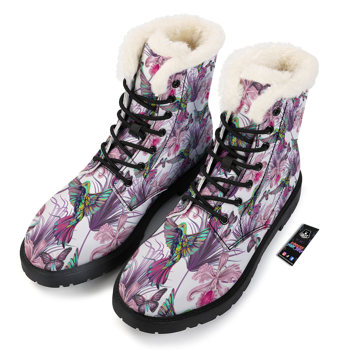 Hummingbird And Pink Flowers Print Winter Boots-grizzshop