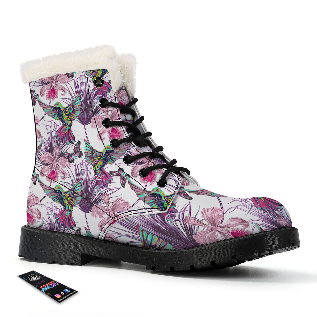 Hummingbird And Pink Flowers Print Winter Boots-grizzshop
