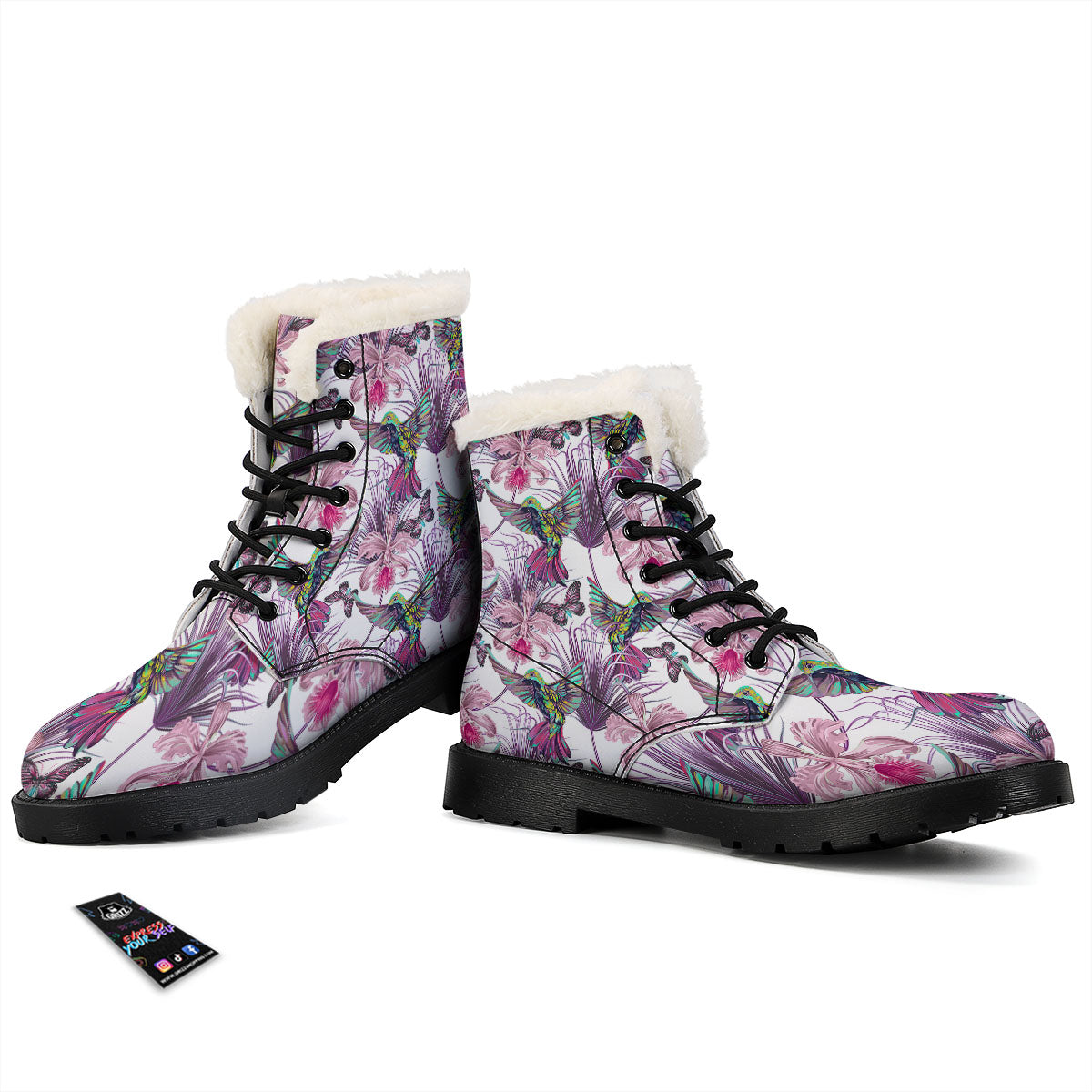 Hummingbird And Pink Flowers Print Winter Boots-grizzshop