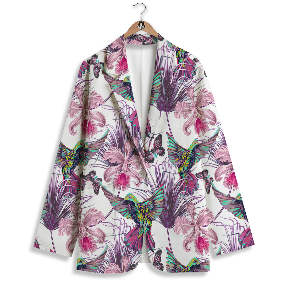 Hummingbird And Pink Flowers Print Women's Blazer-grizzshop