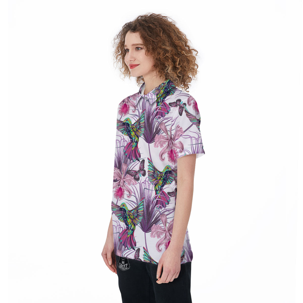 Hummingbird And Pink Flowers Print Women's Golf Shirts-grizzshop
