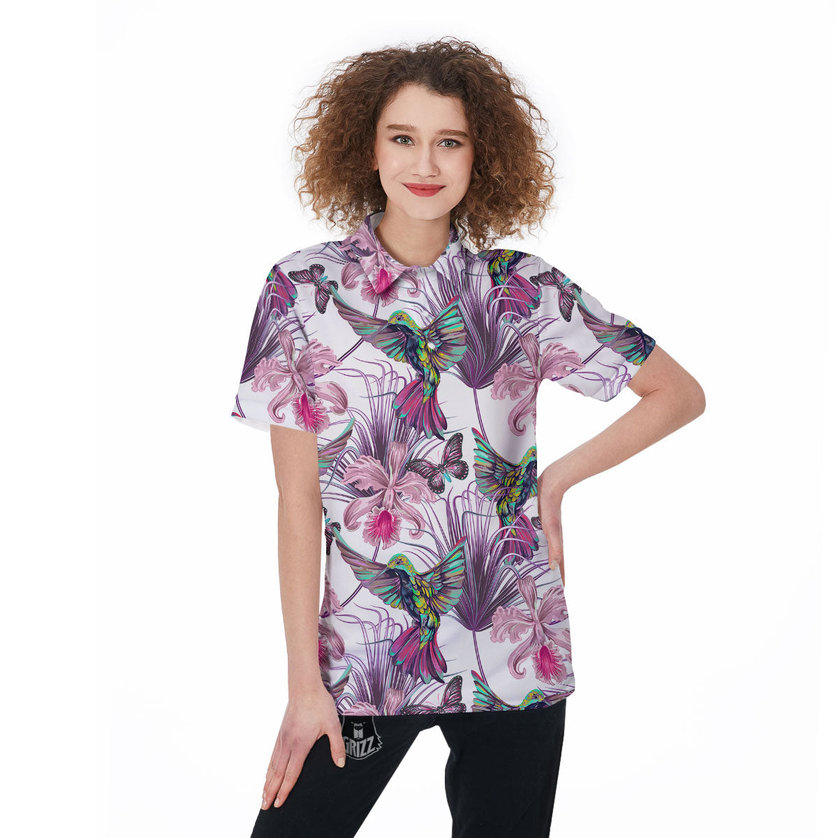Hummingbird And Pink Flowers Print Women's Golf Shirts-grizzshop