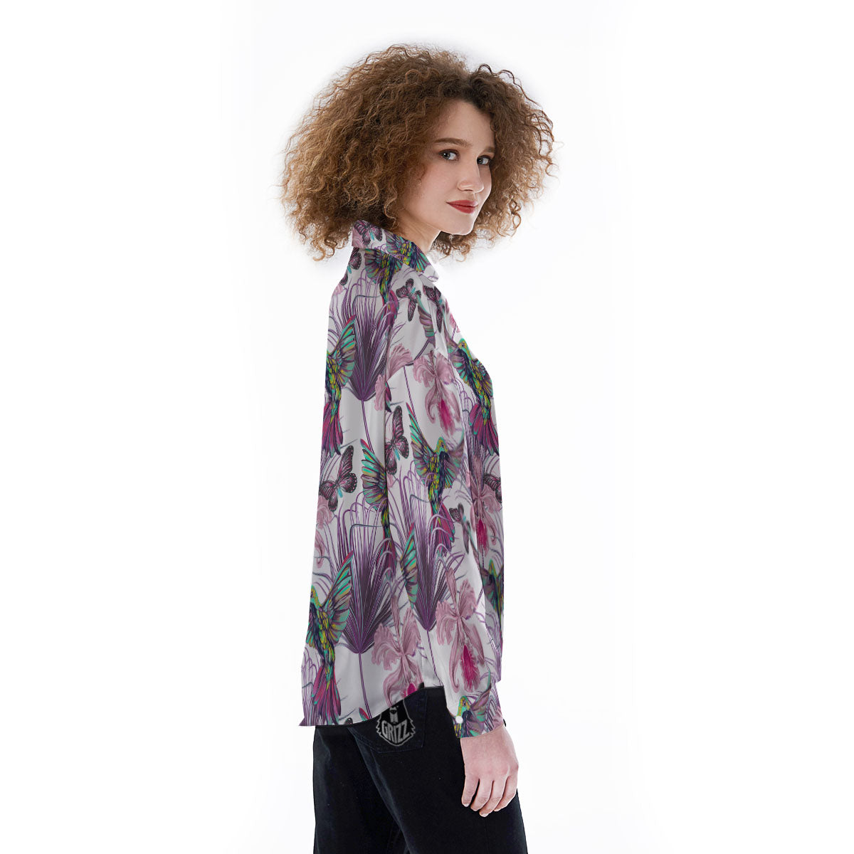 Hummingbird And Pink Flowers Print Women's Long Sleeve Shirts-grizzshop