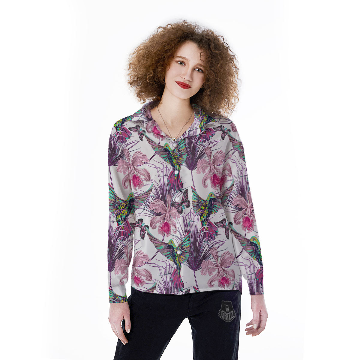 Hummingbird And Pink Flowers Print Women's Long Sleeve Shirts-grizzshop