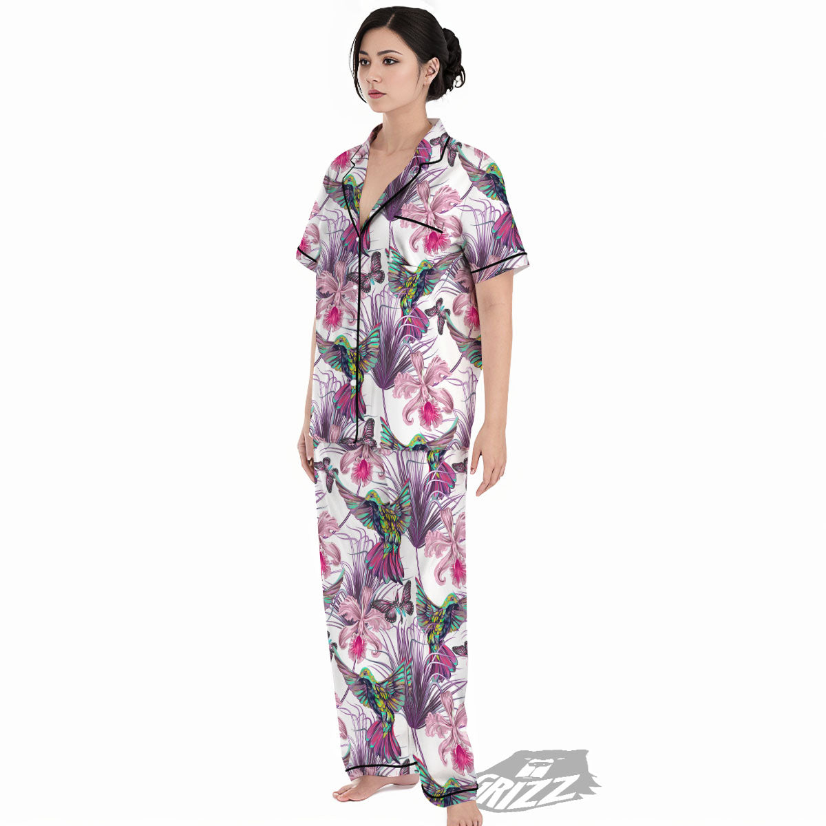 Hummingbird And Pink Flowers Print Women's Pajamas Set-grizzshop