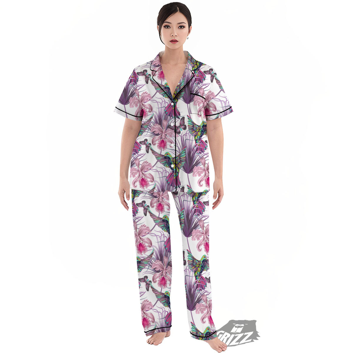 Hummingbird And Pink Flowers Print Women's Pajamas Set-grizzshop