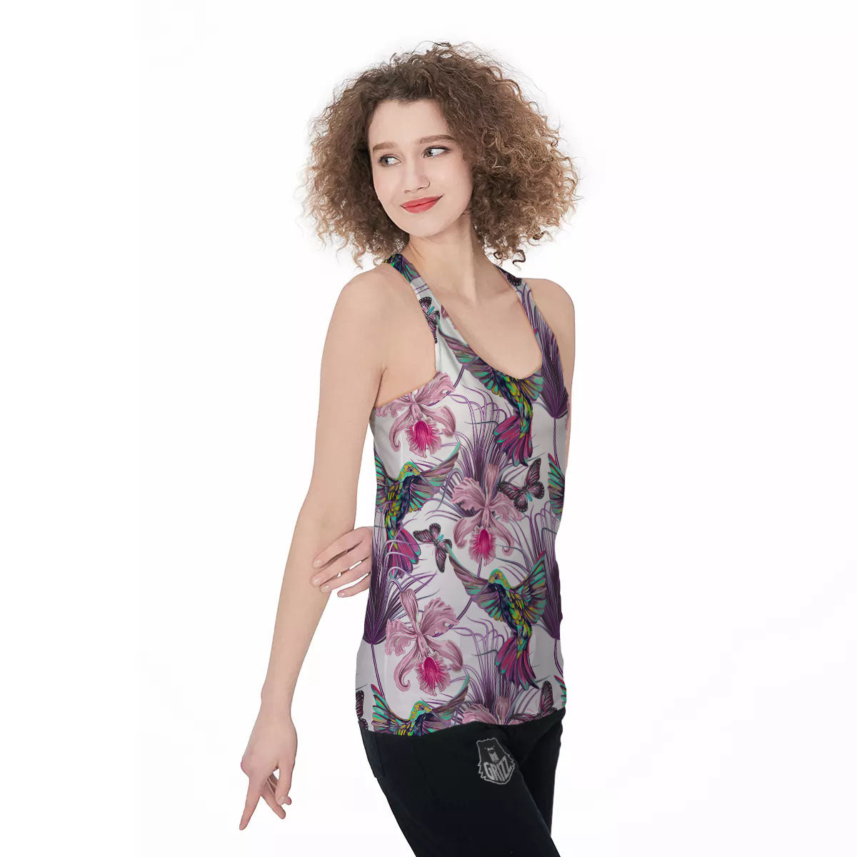 Hummingbird And Pink Flowers Print Women's Racerback Tank Top-grizzshop