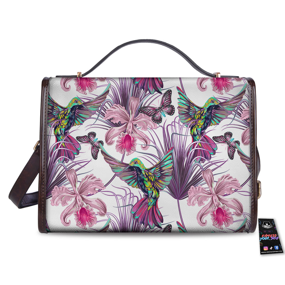 Hummingbird And Pink Flowers Print Women's Satchel Bag-grizzshop