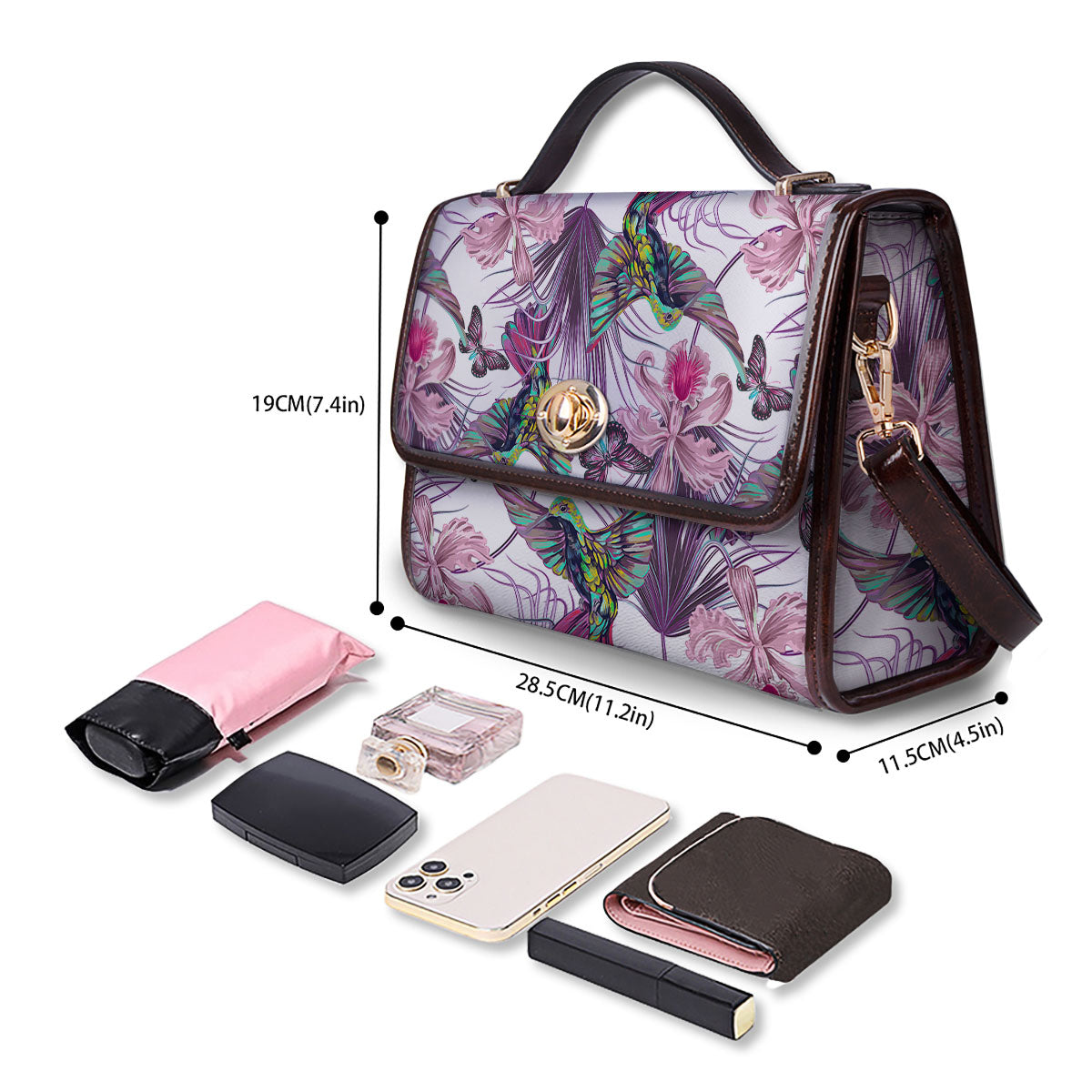 Hummingbird And Pink Flowers Print Women's Satchel Bag-grizzshop
