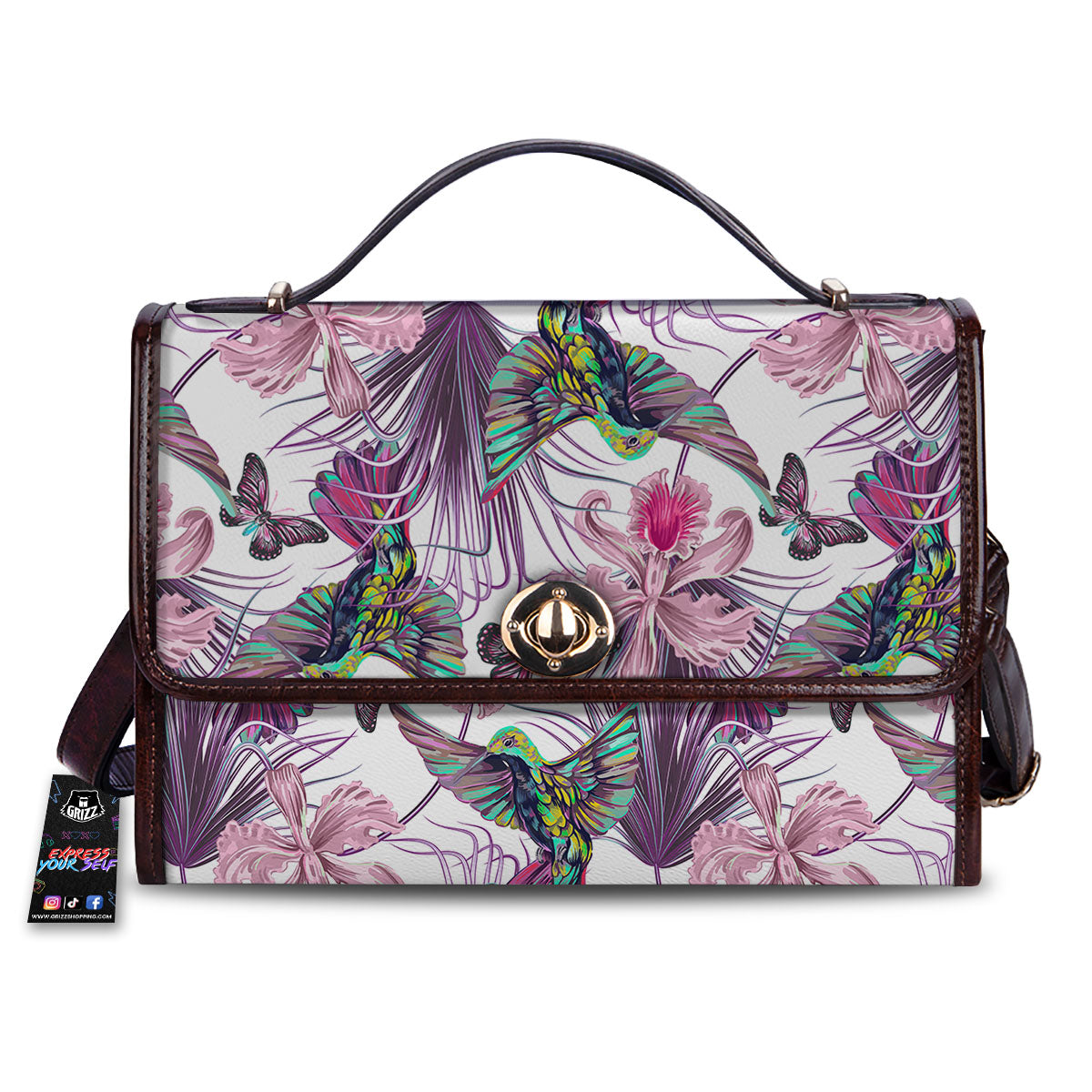 Hummingbird And Pink Flowers Print Women's Satchel Bag-grizzshop