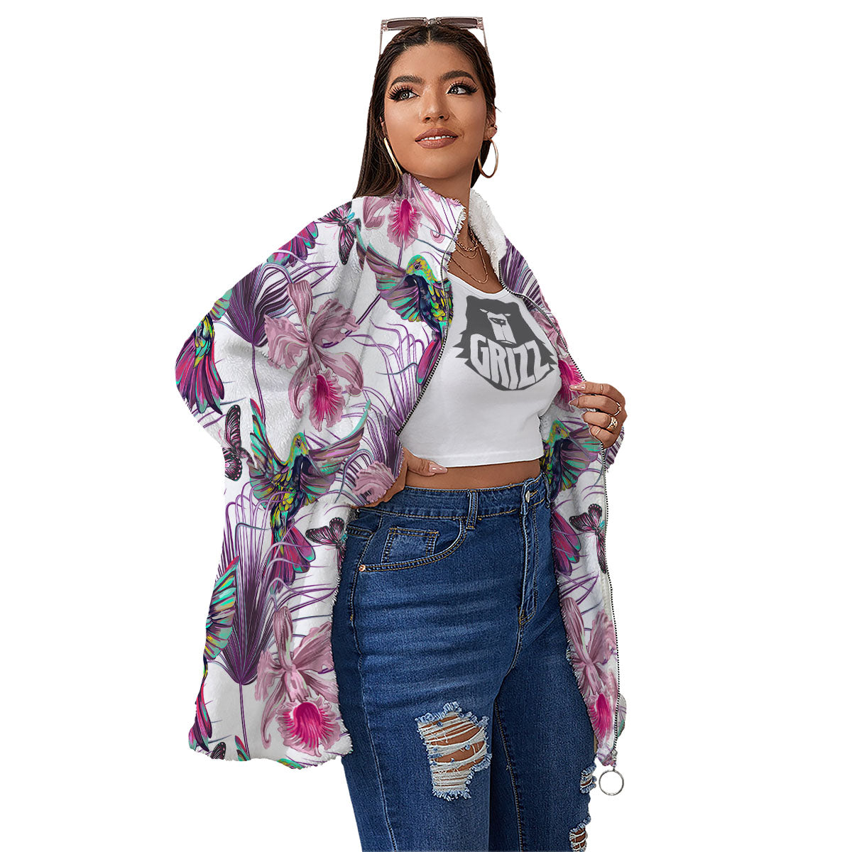 Hummingbird And Pink Flowers Print Women's Sherpa Jacket-grizzshop