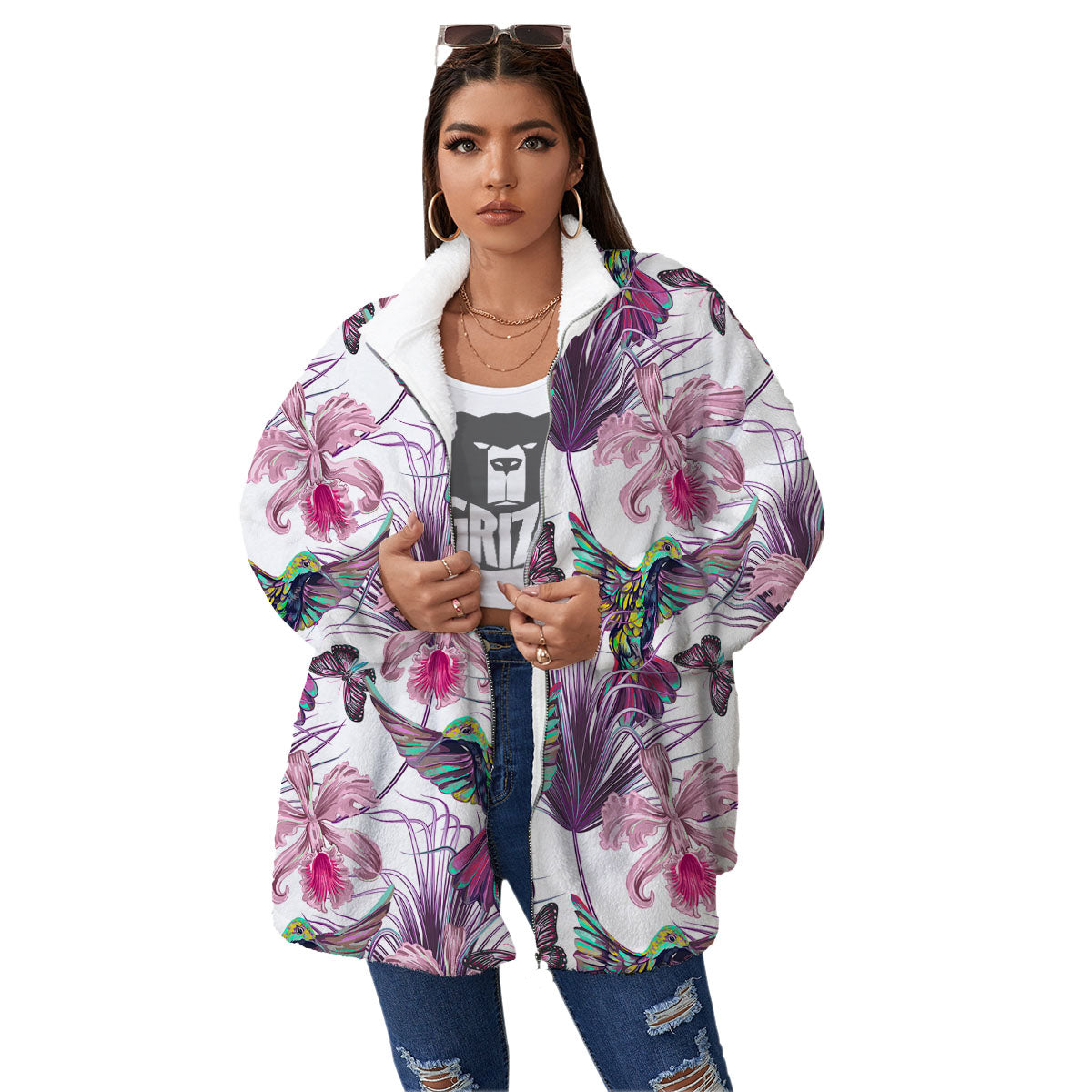 Hummingbird And Pink Flowers Print Women's Sherpa Jacket-grizzshop