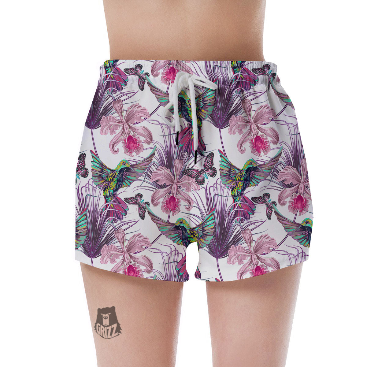 Hummingbird And Pink Flowers Print Women's Shorts-grizzshop