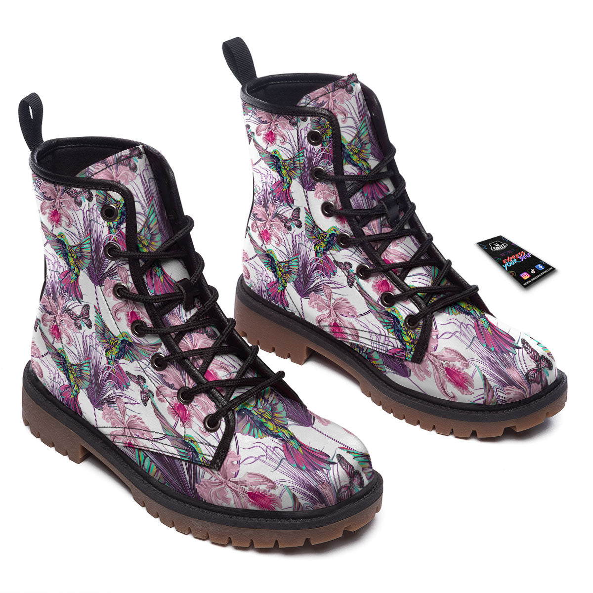 Hummingbird And Pink Flowers Print Work Boots-grizzshop